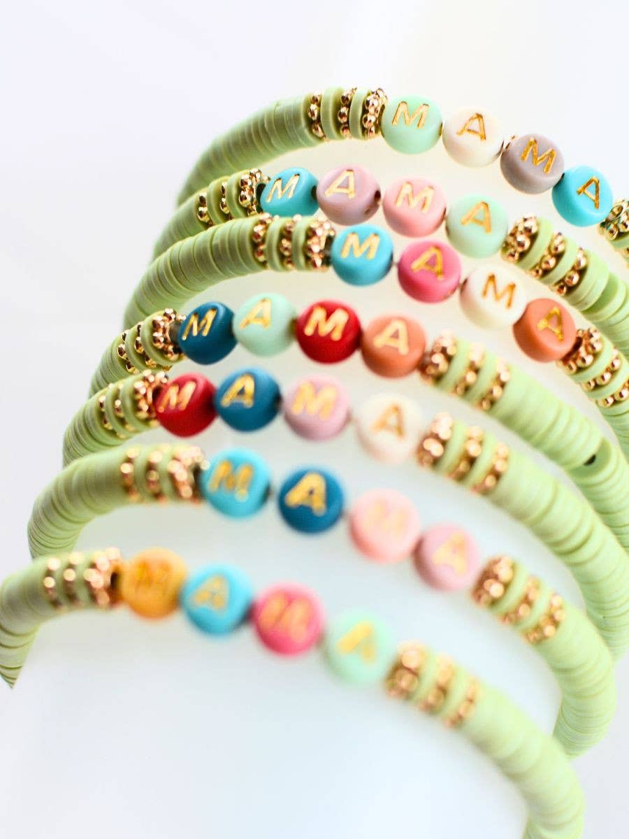 Multi-Colored MAMA Word Beaded Stretch Bracelet – Mint