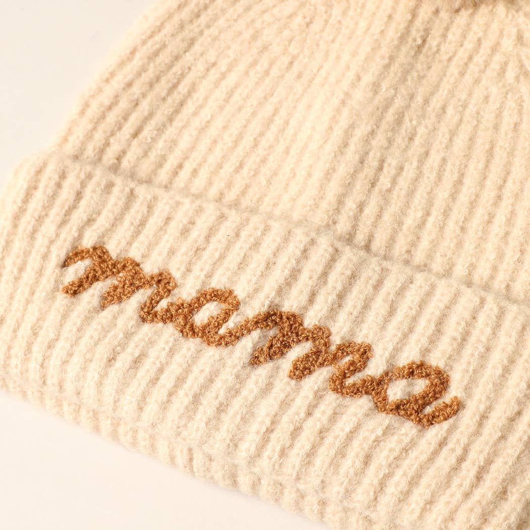 Mama Script Embroidered Pom Beanie