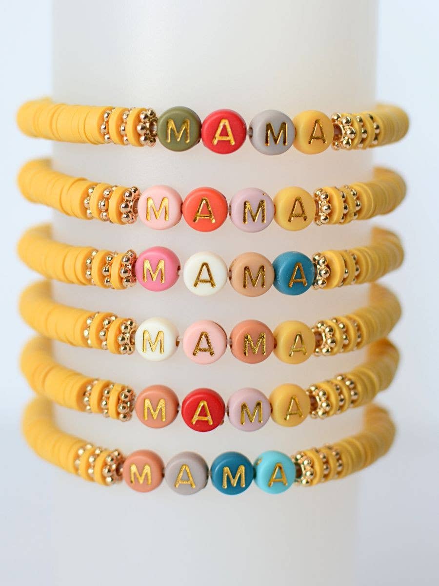 Multi-Colored MAMA Word Beaded Stretch Bracelet – Mustard