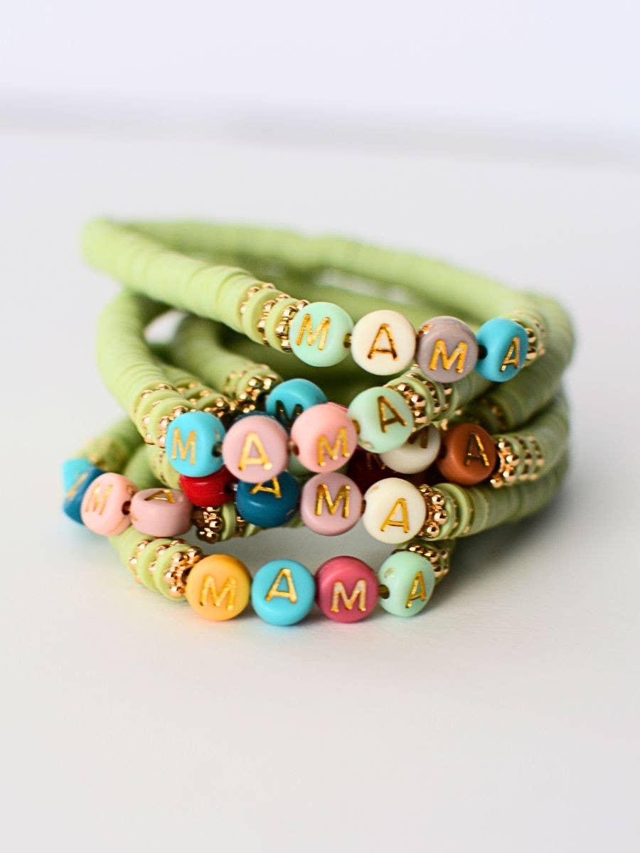 Multi-Colored MAMA Word Beaded Stretch Bracelet – Mint