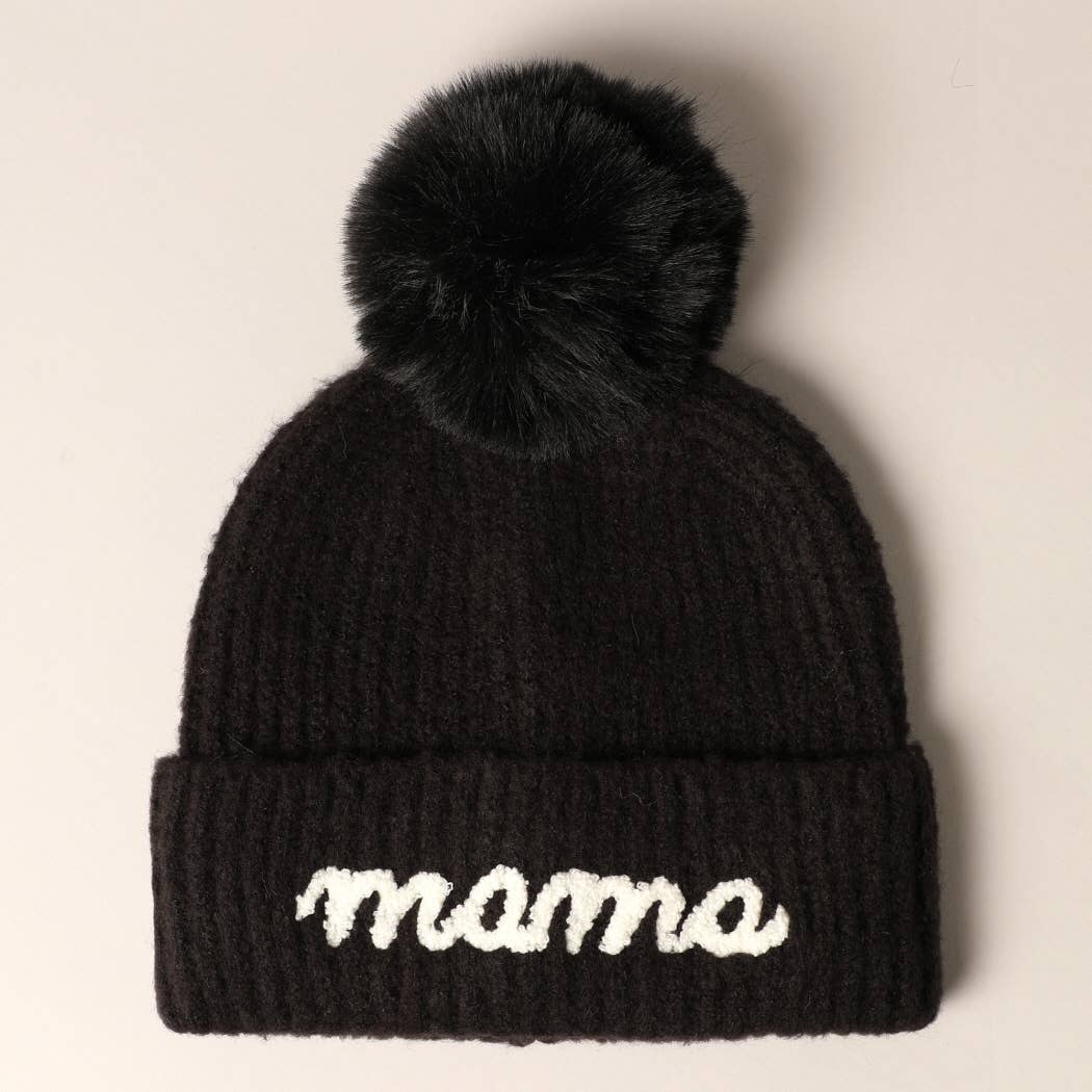 Mama Script Embroidered Pom Beanie