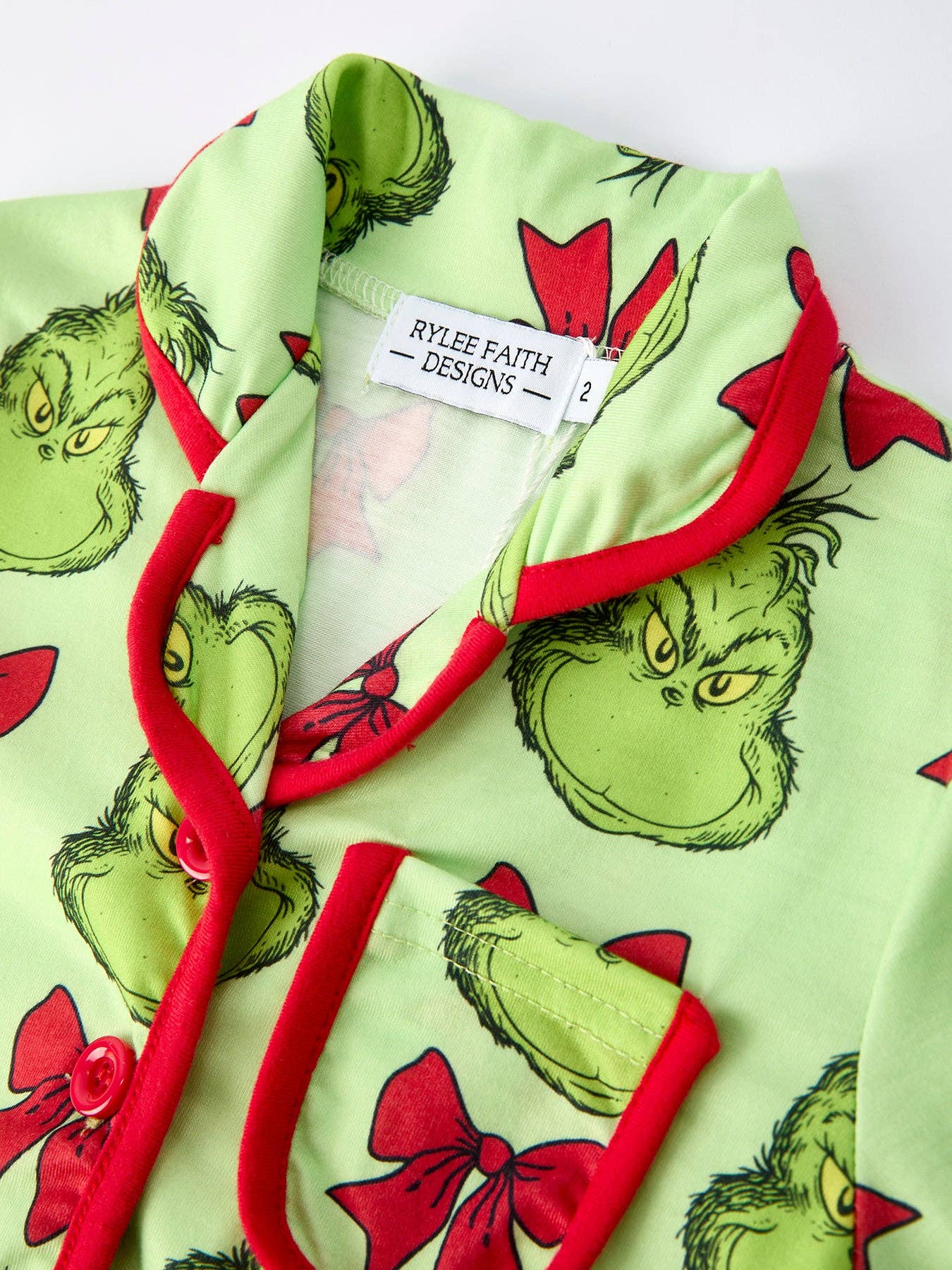 Green Christmas Character Bow Print Girls Pajama Set