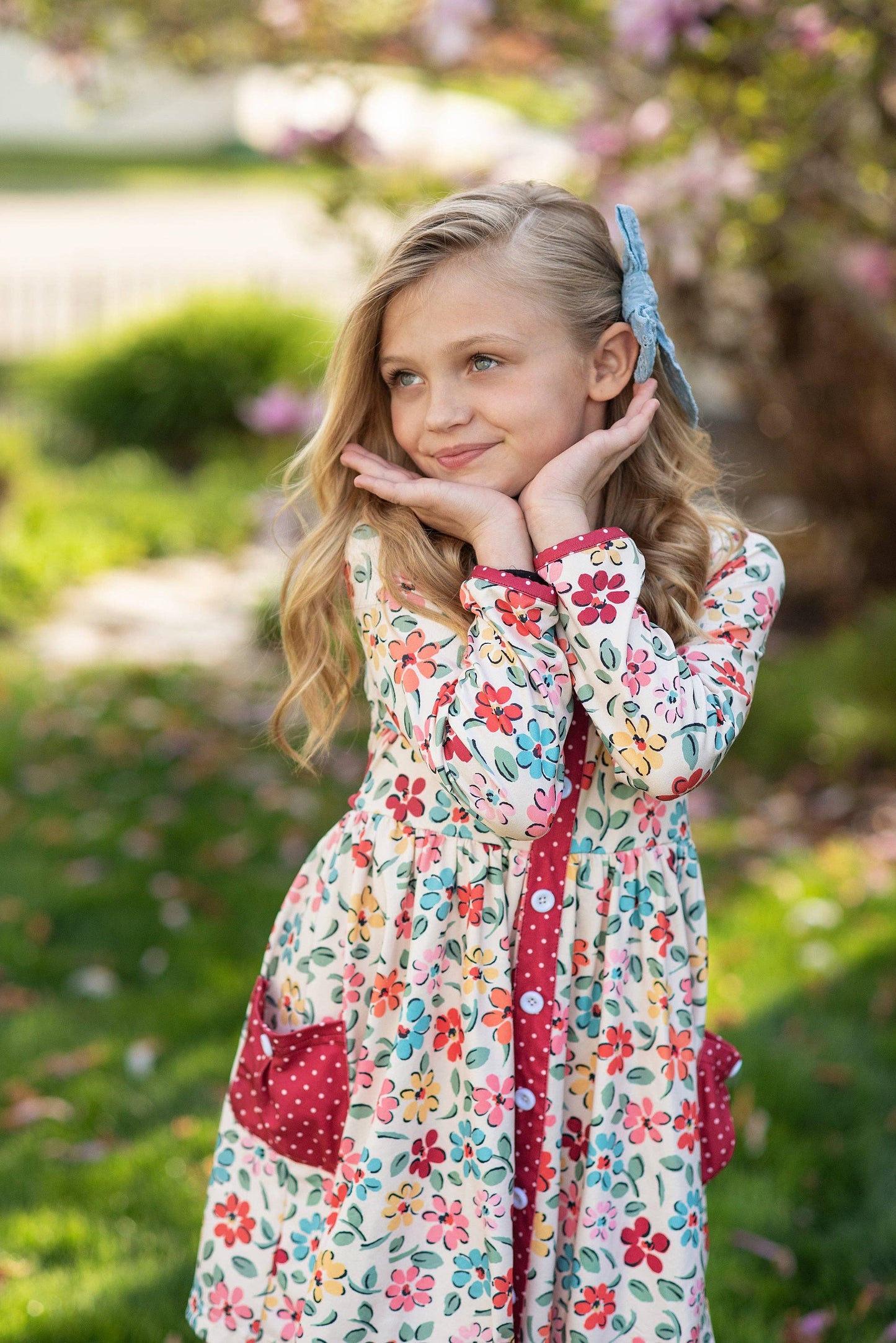 Kids Cream & Burgundy Floral Ruffle Button Pocket Fall Dress