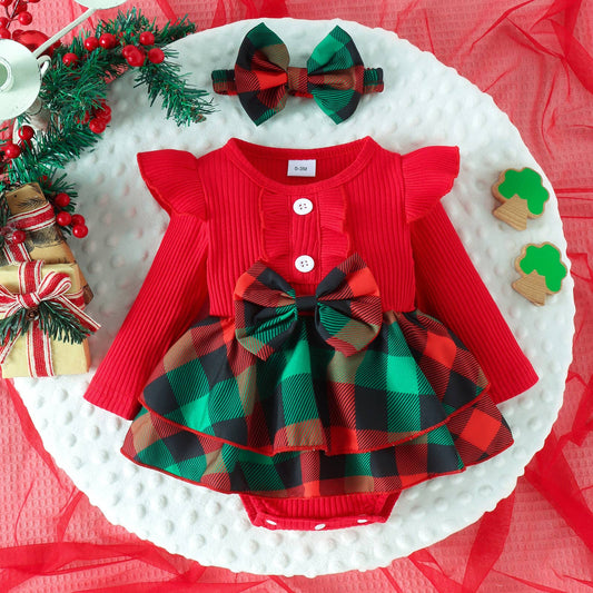 Red Holiday Plaid Ruffled Baby Romper Dress & Headband