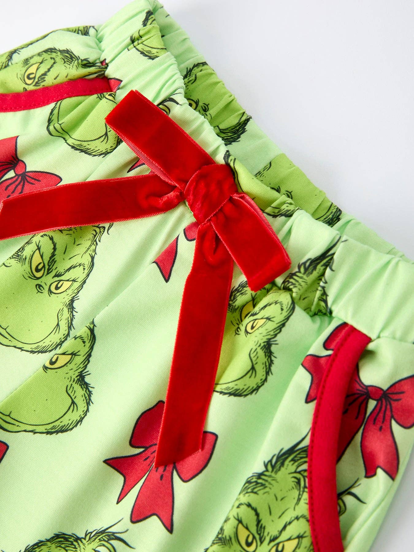 Green Christmas Character Bow Print Girls Pajama Set