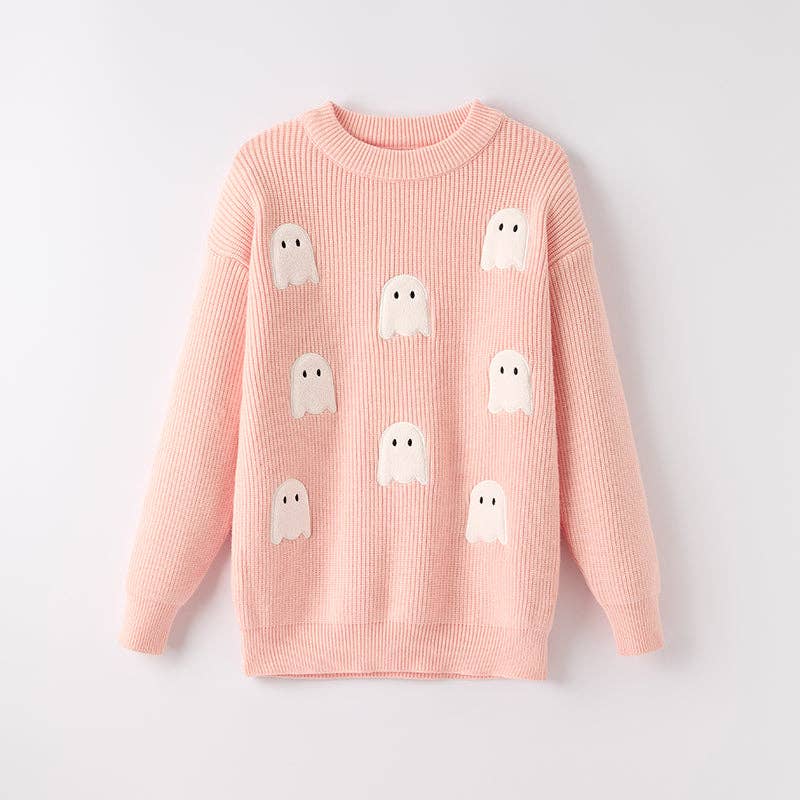 Mommy And Me Girls Halloween Ghost Applique Pink Sweater