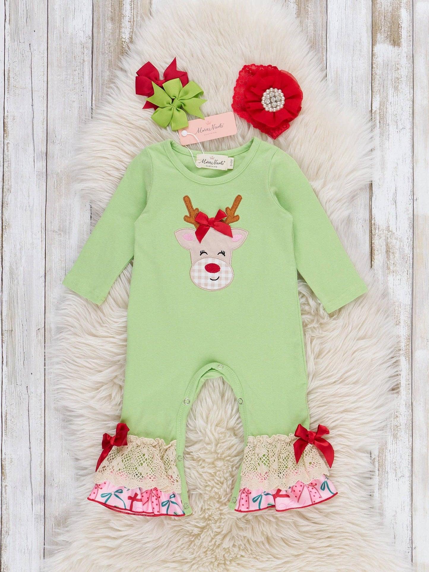 Reindeer Smile Embroidered Ruffle Romper