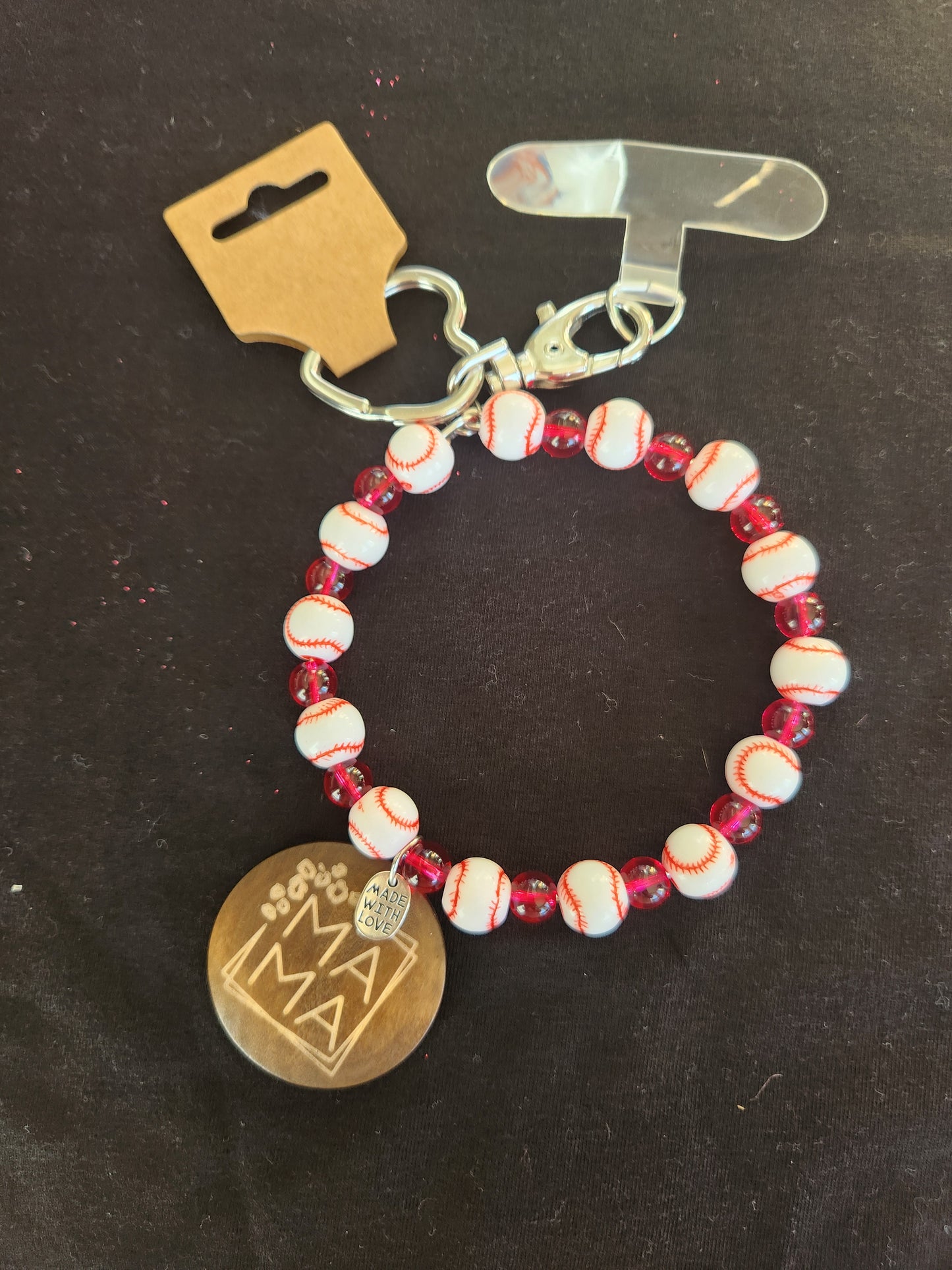 Beaded Baseball Bracelet Keychain with wood MAMA charm