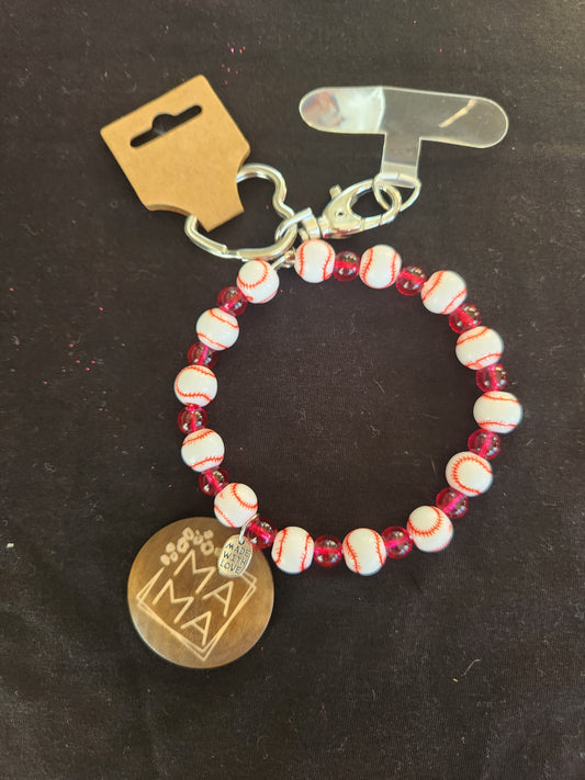 Beaded Baseball Bracelet Keychain with wood MAMA charm
