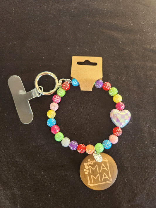 Beaded Heart Bracelet Keychain with wood MAMA charm