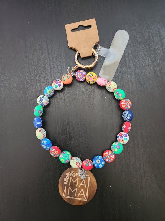 Clay Bead Bracelet Keychain with wood MAMA charm