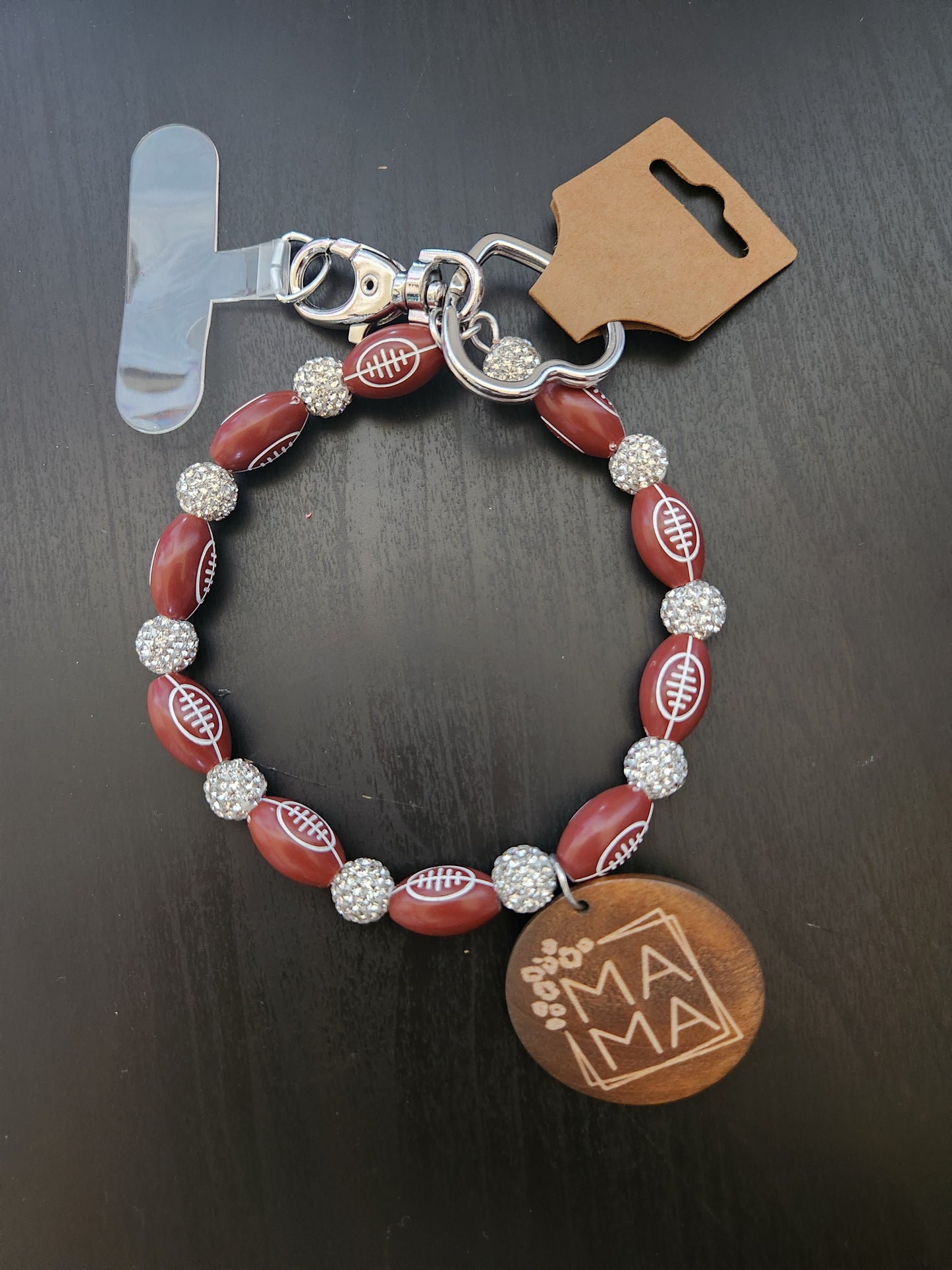 Beaded Football Bracelet Keychain with wood MAMA charm