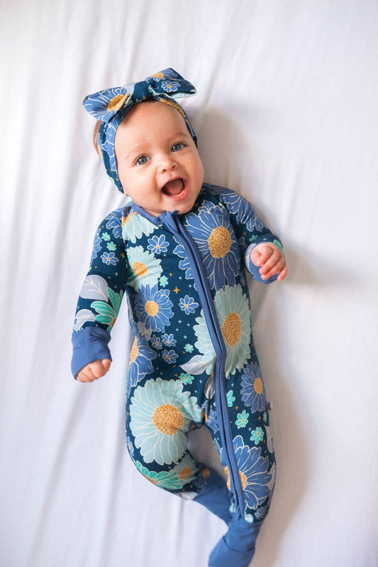 Blue Daisy Baby Bamboo Double Zipper Onesie