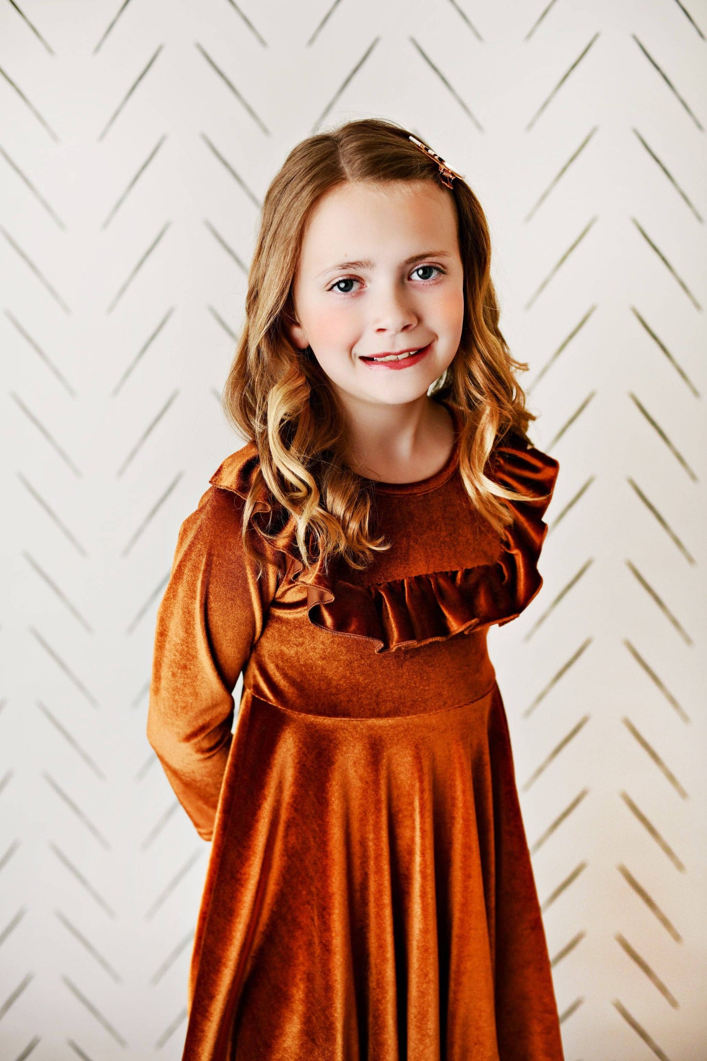 Kids Rust Velvet Ruffle Dress