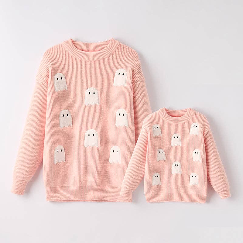 Mommy And Me Girls Halloween Ghost Applique Pink Sweater