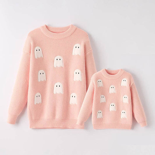 Mommy And Me Girls Halloween Ghost Applique Pink Sweater
