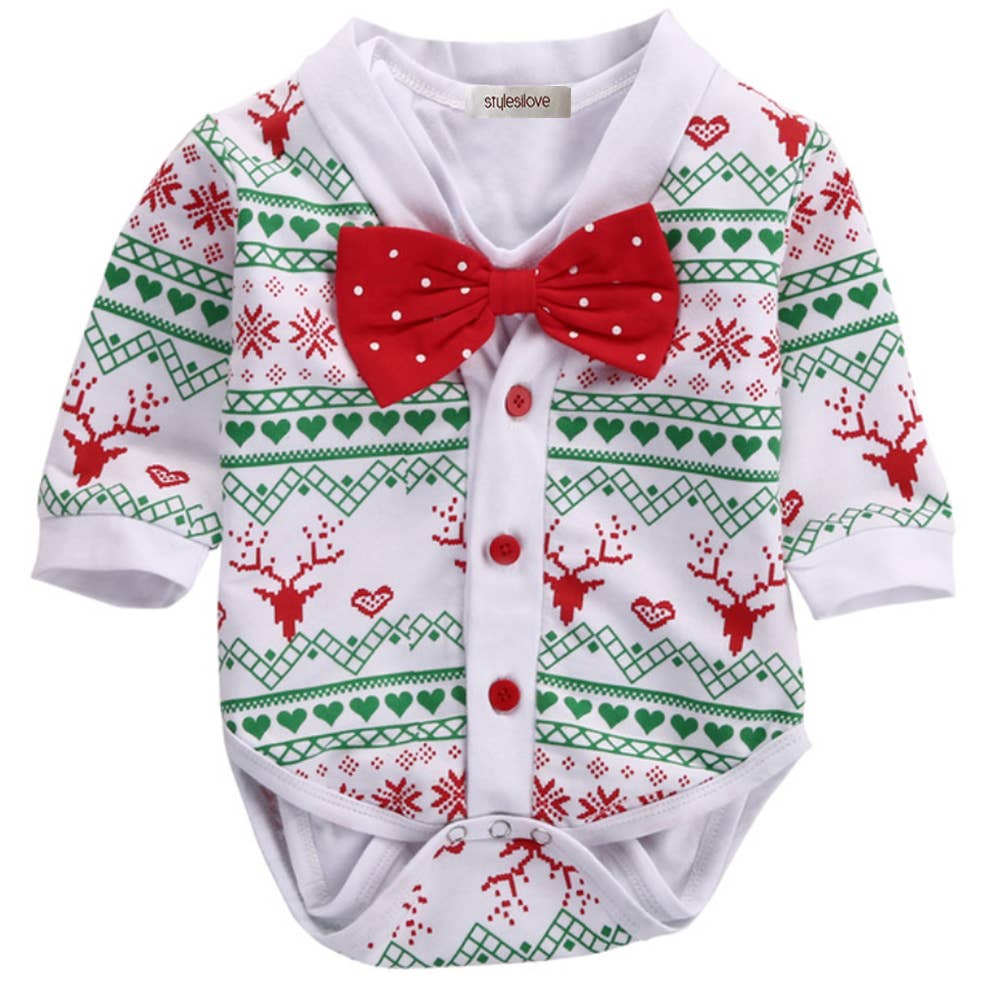 Red Bowtie and Holiday Print "Cardigan" 2-Piece Onesie Set