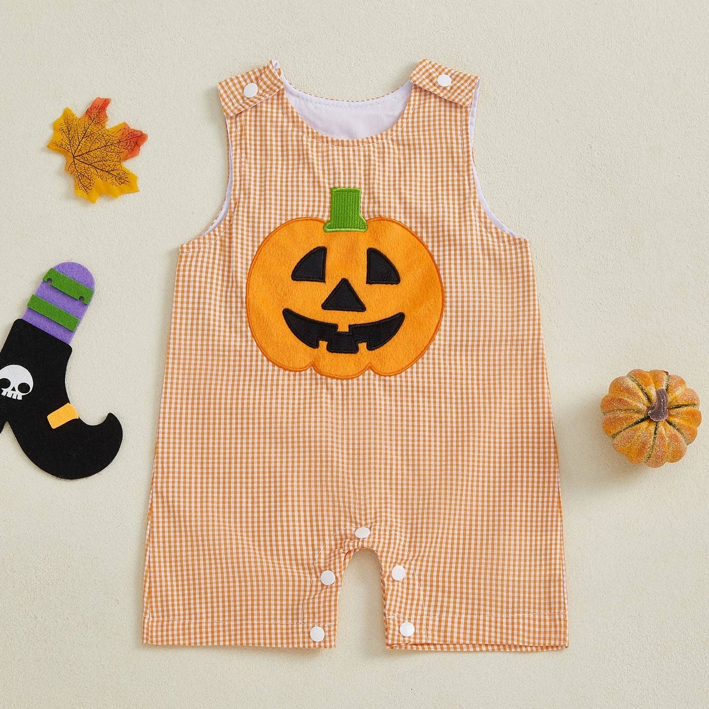 Cute pumpkin embroidered plaid jumpsuit for Halloween