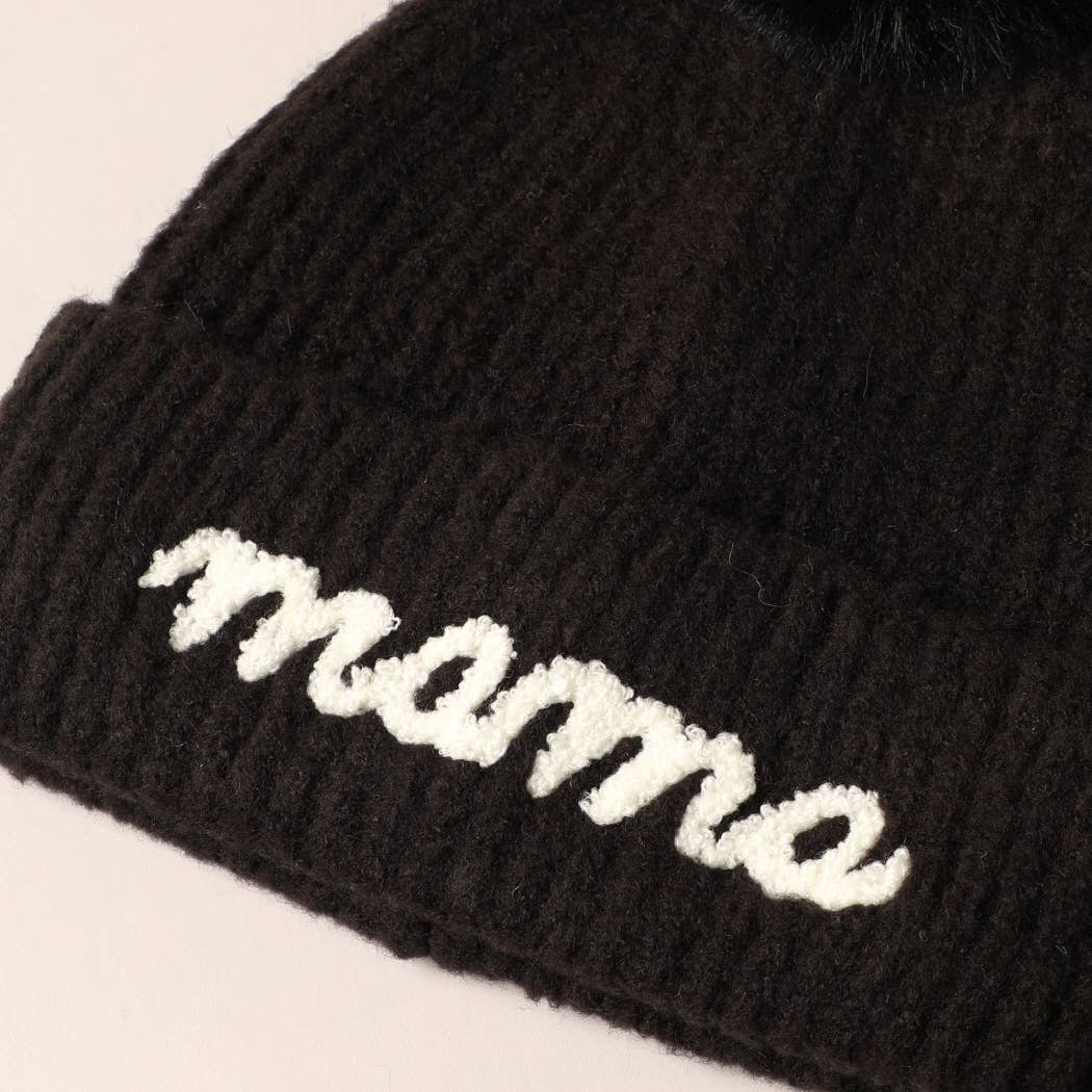 Mama Script Embroidered Pom Beanie