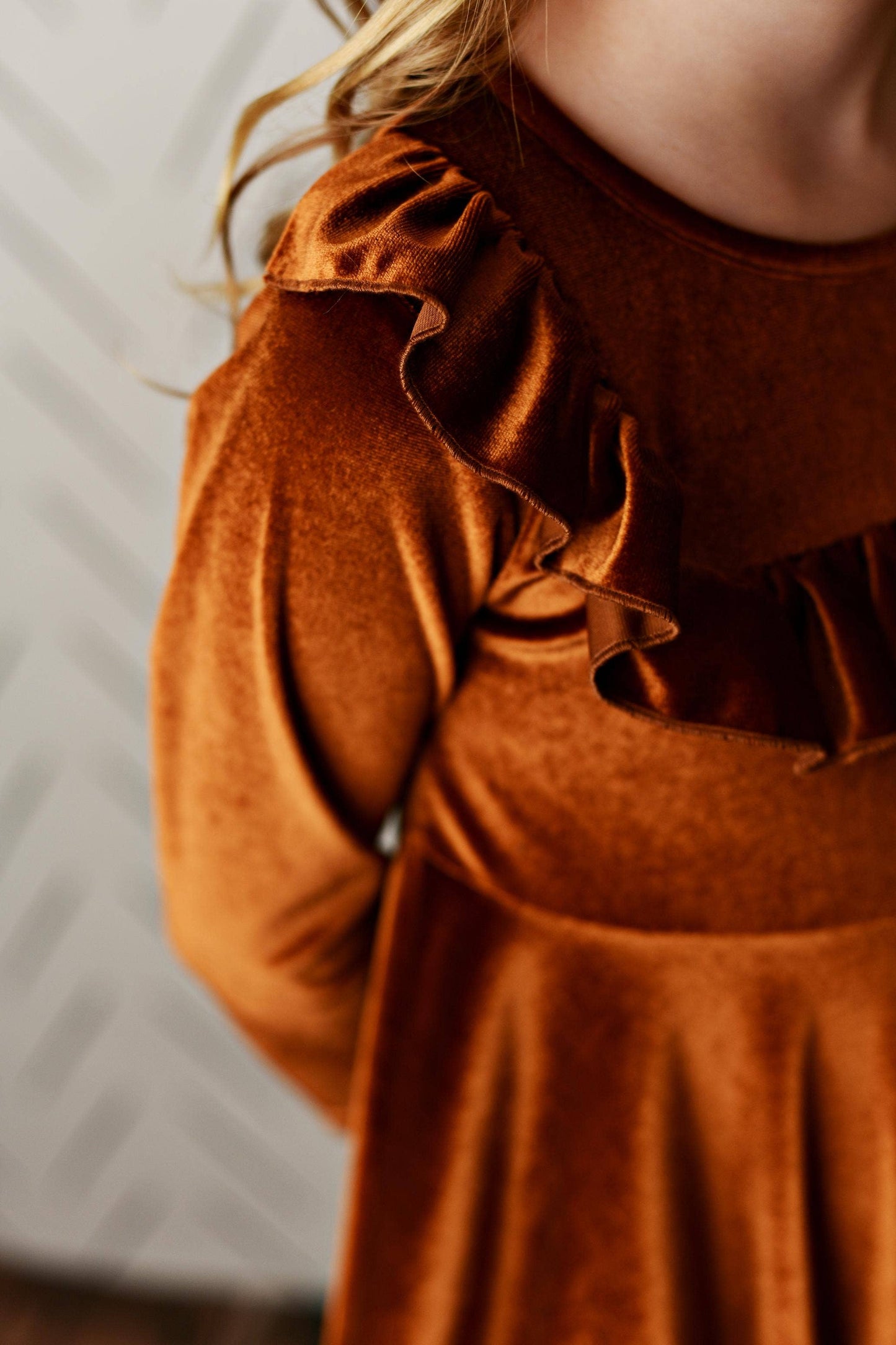 Kids Rust Velvet Ruffle Dress