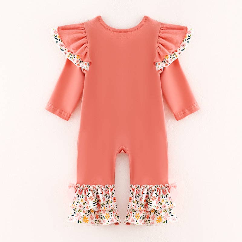 Baby Girls Thankful Grateful Blessed Print Coral Floral Ruffled Romper