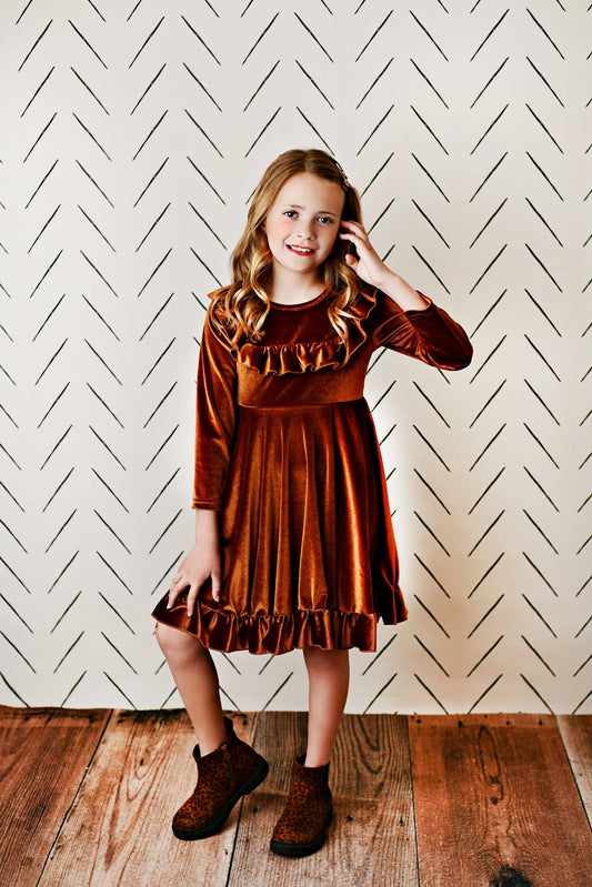 Kids Rust Velvet Ruffle Dress