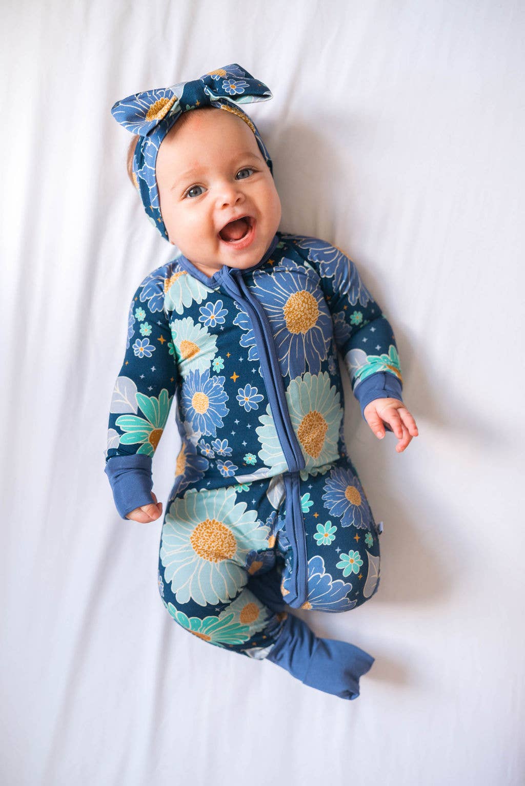 Blue Daisy Baby Bamboo Double Zipper Onesie