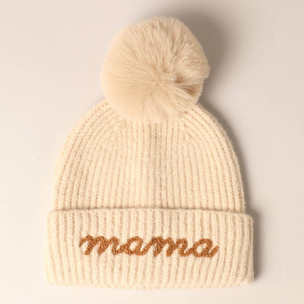 Mama Script Embroidered Pom Beanie