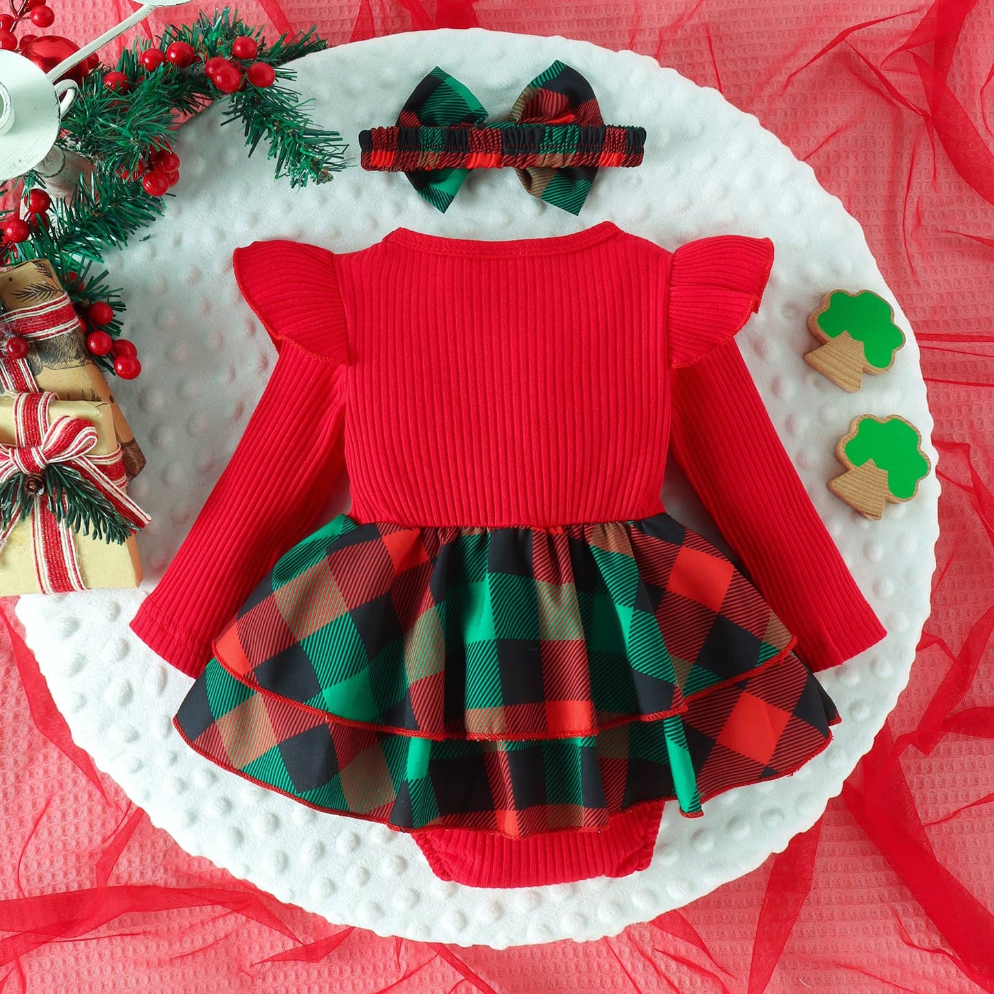 Red Holiday Plaid Ruffled Baby Romper Dress & Headband