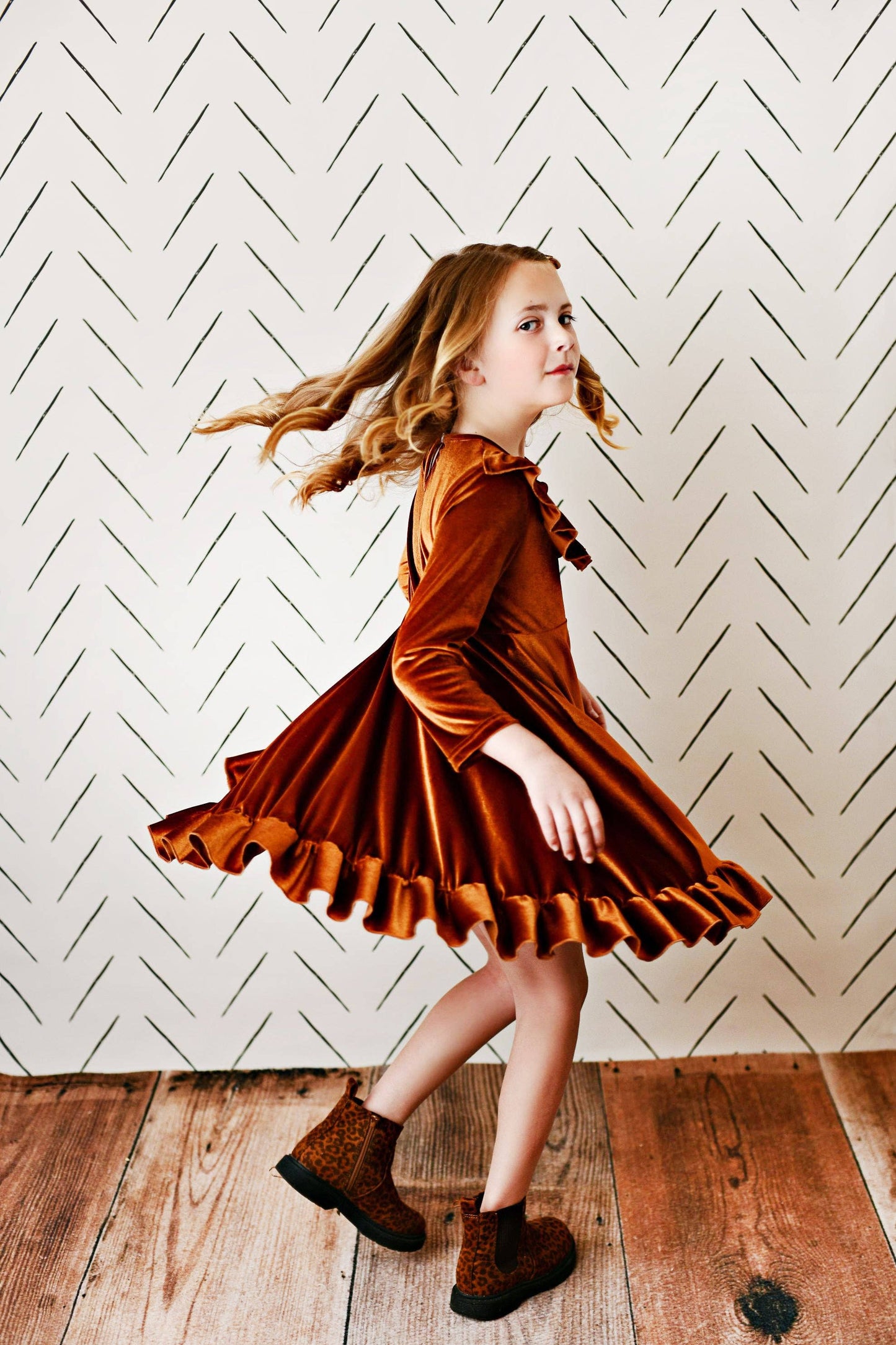 Kids Rust Velvet Ruffle Dress