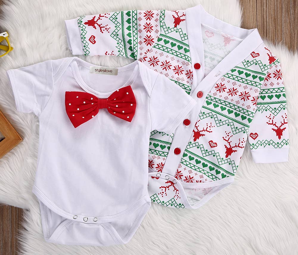 Red Bowtie and Holiday Print "Cardigan" 2-Piece Onesie Set