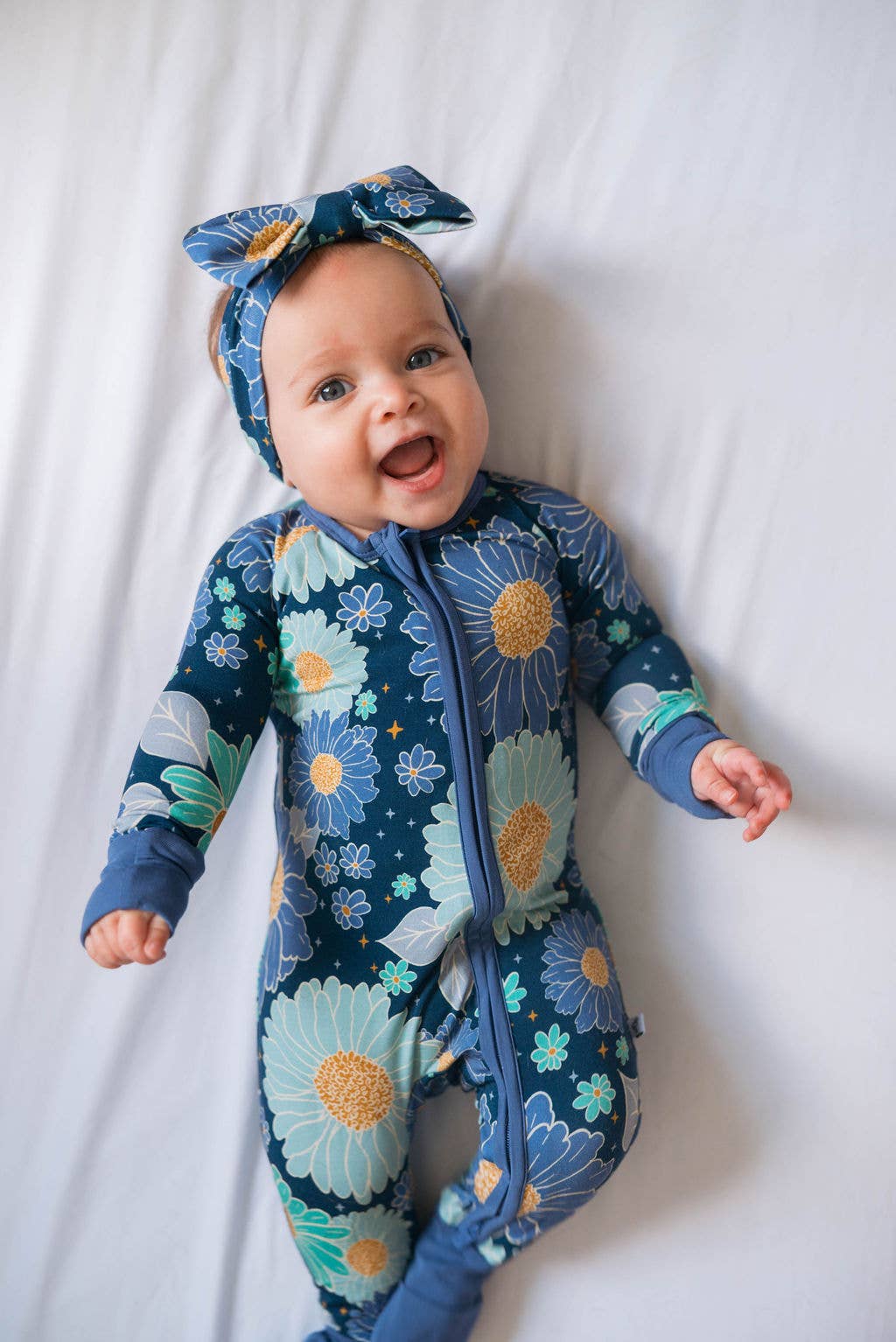 Blue Daisy Baby Bamboo Double Zipper Onesie