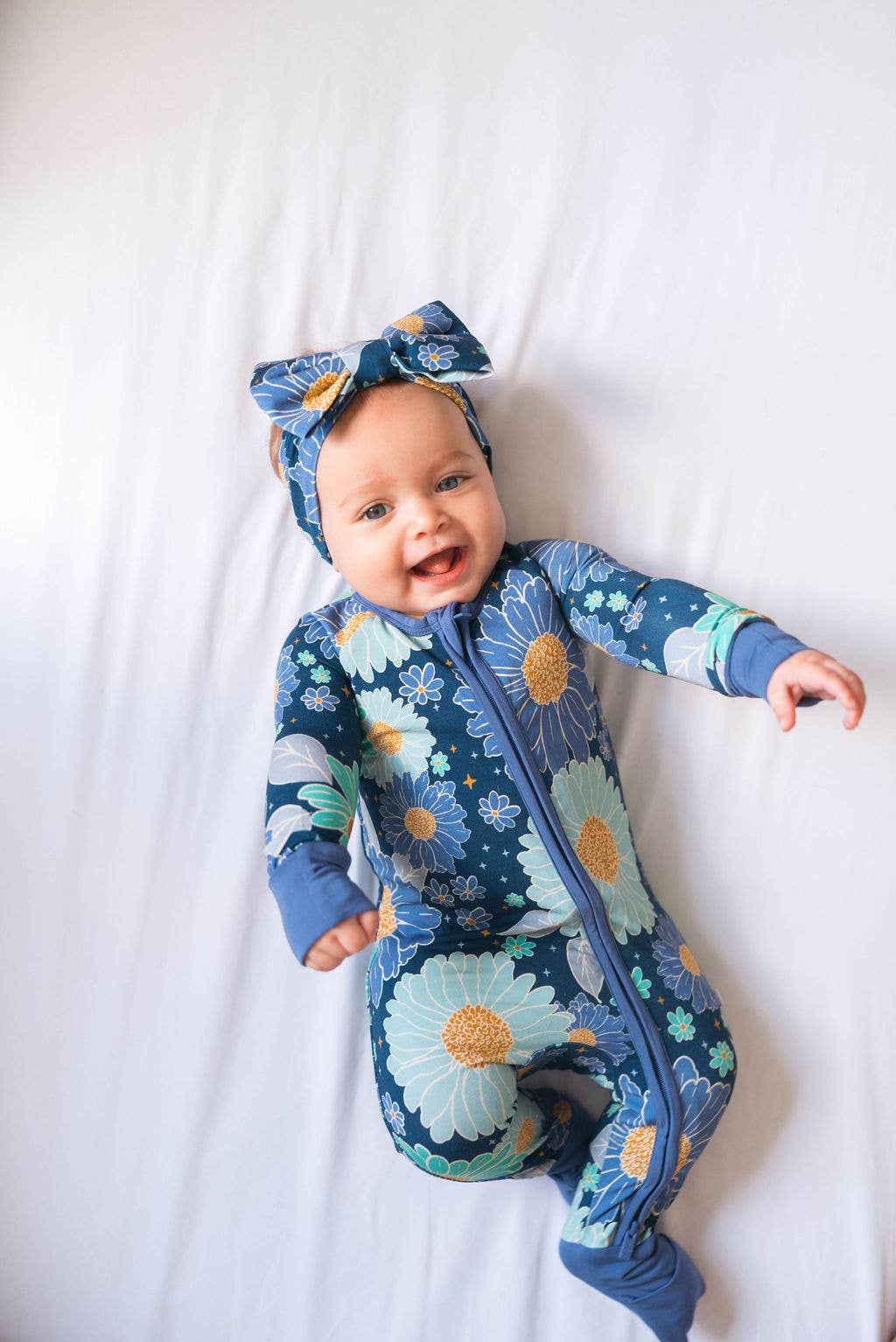 Blue Daisy Baby Bamboo Double Zipper Onesie