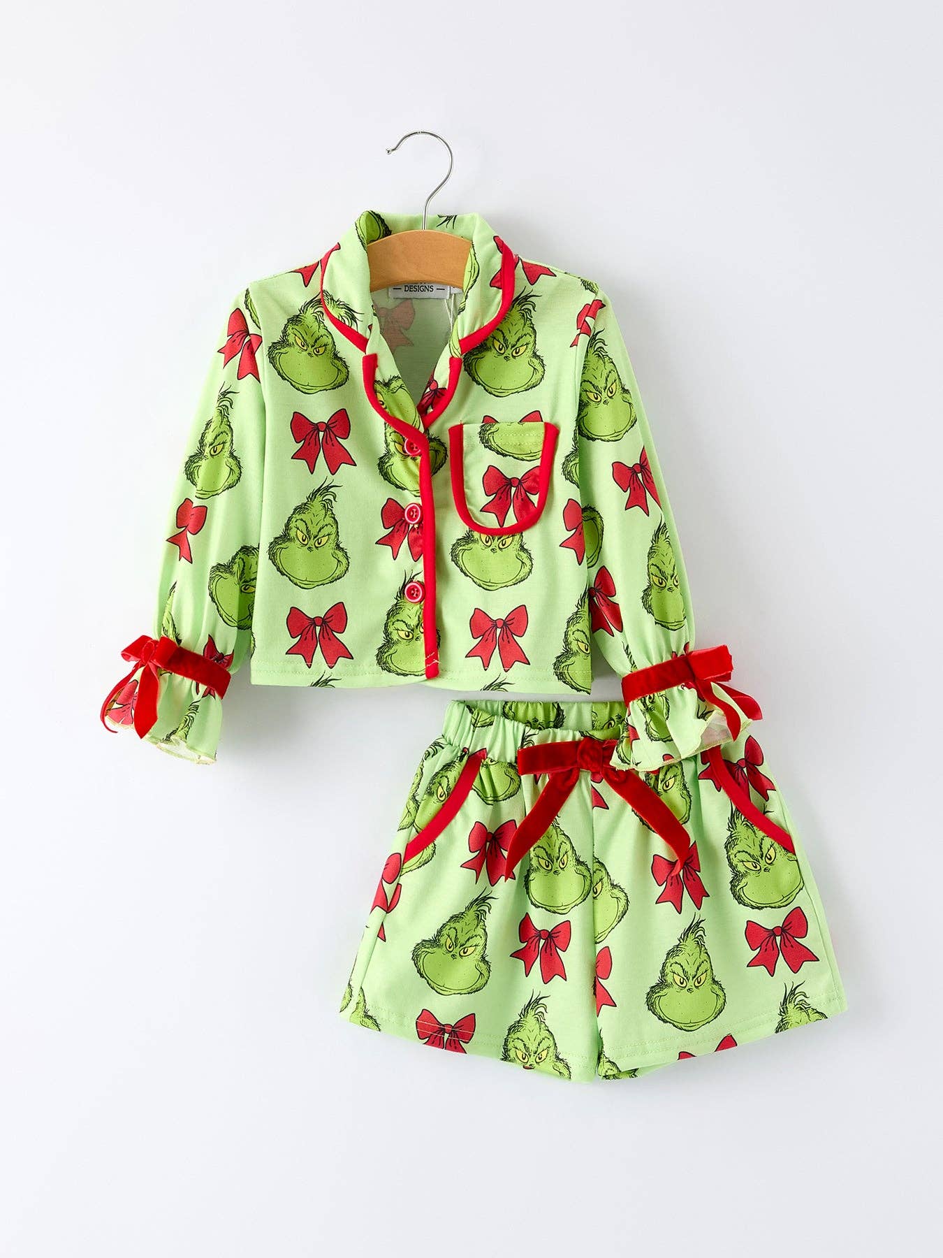 Green Christmas Character Bow Print Girls Pajama Set