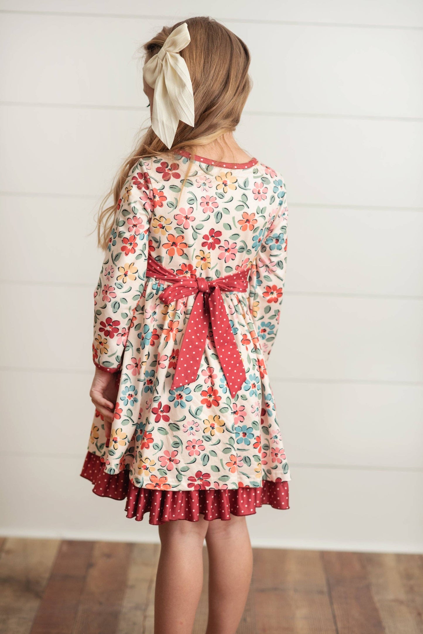 Kids Cream & Burgundy Floral Ruffle Button Pocket Fall Dress