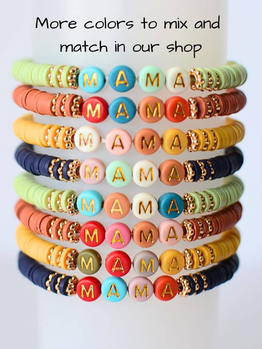 Multi-Colored MAMA Word Beaded Stretch Bracelet – Mustard