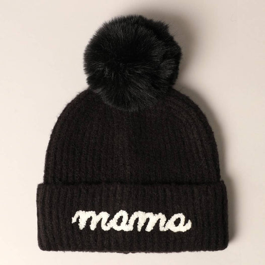 Mama Script Embroidered Pom Beanie