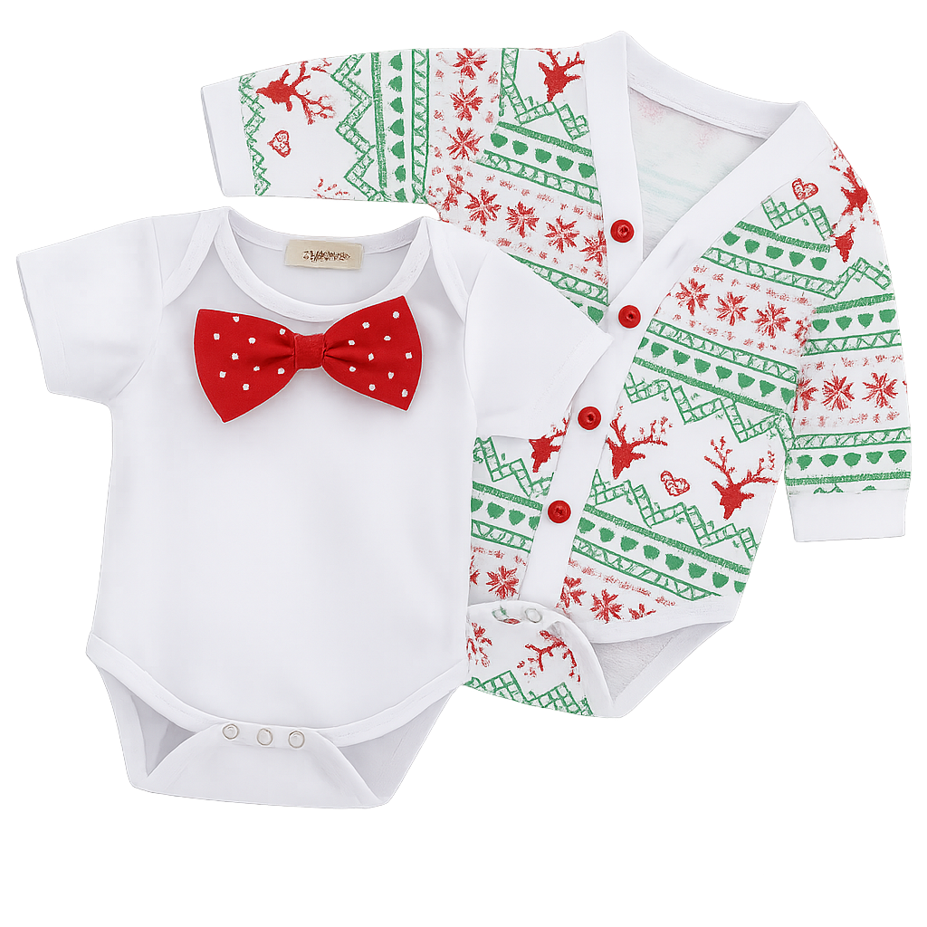 Red Bowtie and Holiday Print "Cardigan" 2-Piece Onesie Set